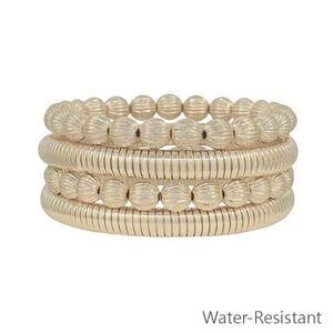 Women's Textured Beaded Gold Ribbed Stretch Water-Resistant Bracelets Set of 4